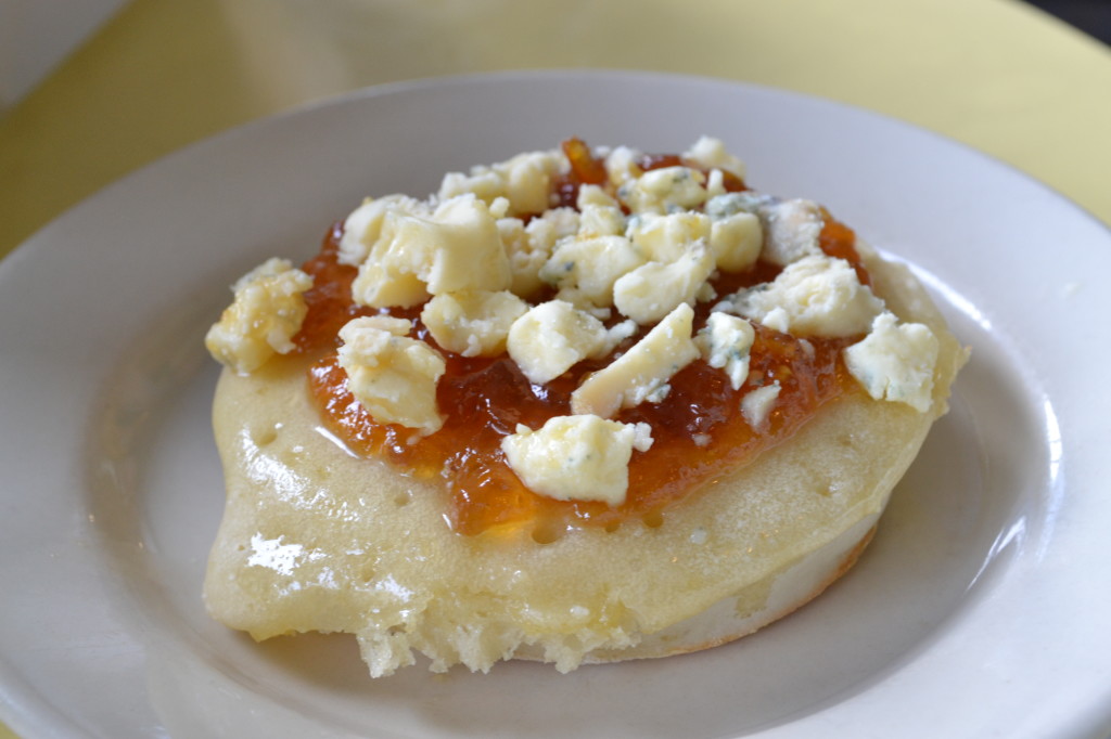 I love crumpets. Delicious, freshly made crumpet topped with honey and blue cheese from the Crumpet Shop