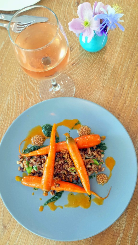 Glyph Café & Art Space Whole Vegetable Special of Carrots with Heirloom Carrots in a carrot emulsion, carrot top pesto, salted green garlic and toasted farro