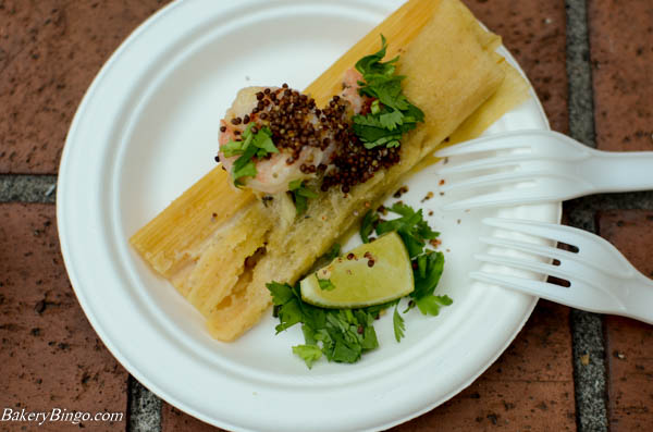 Lardo tamales with pickled shrimp at Brunch Village made by Seattle's Trove
